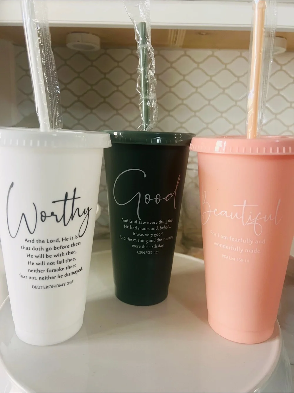 3pc 24 fl oz Plastic Tumblers BPA-Free w/ Lids & Straws Bible Verse Set